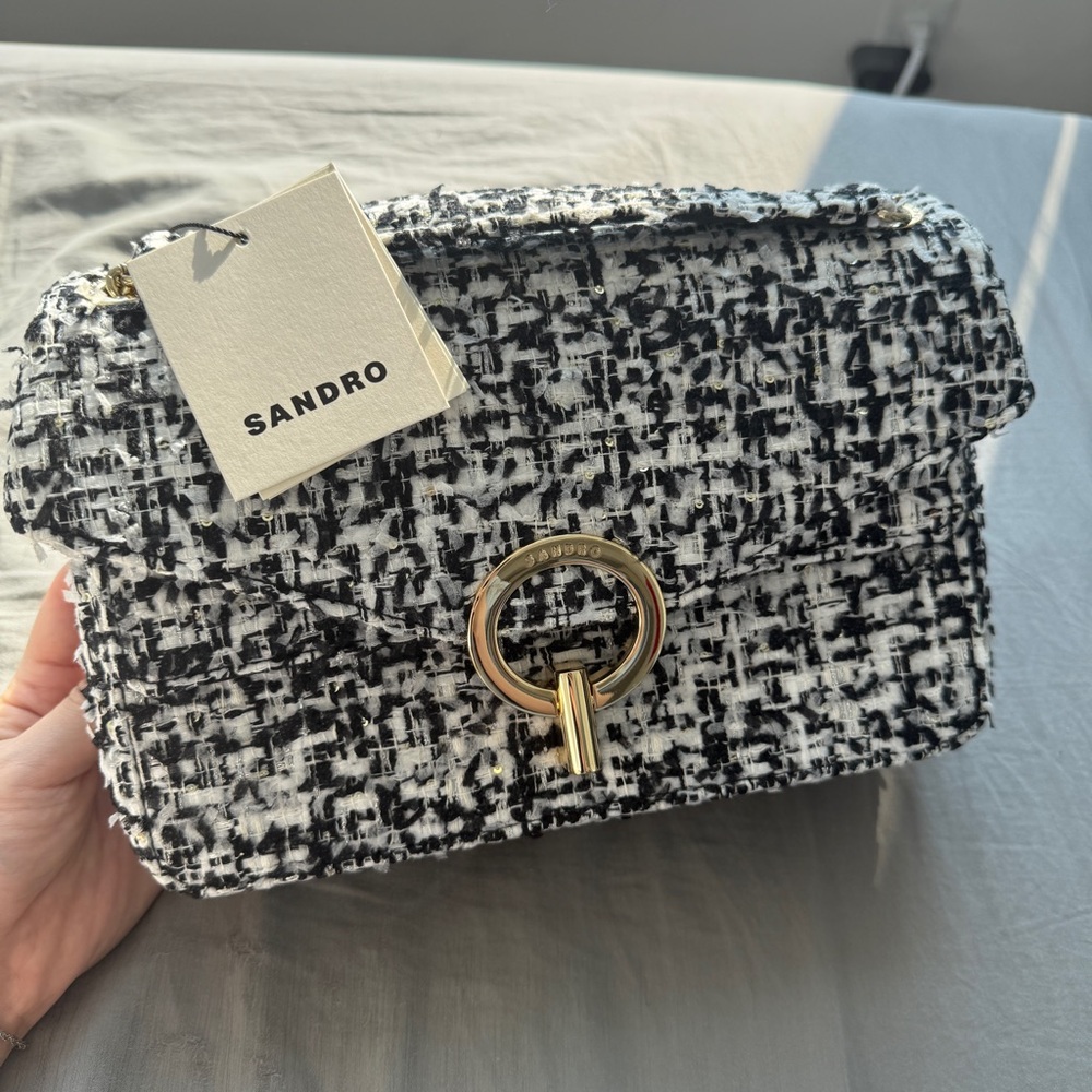 Brand New Sandro Black and White Crossbody Bag with Tweed Design